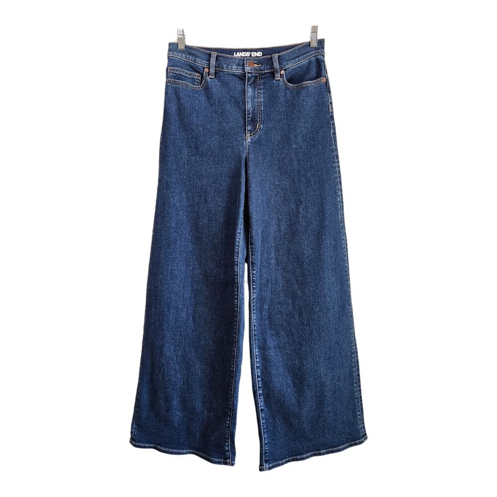 LANDS END Women's 10 Jeans Wide Leg High Rise Medium Blue Stretch 30 x 31.5